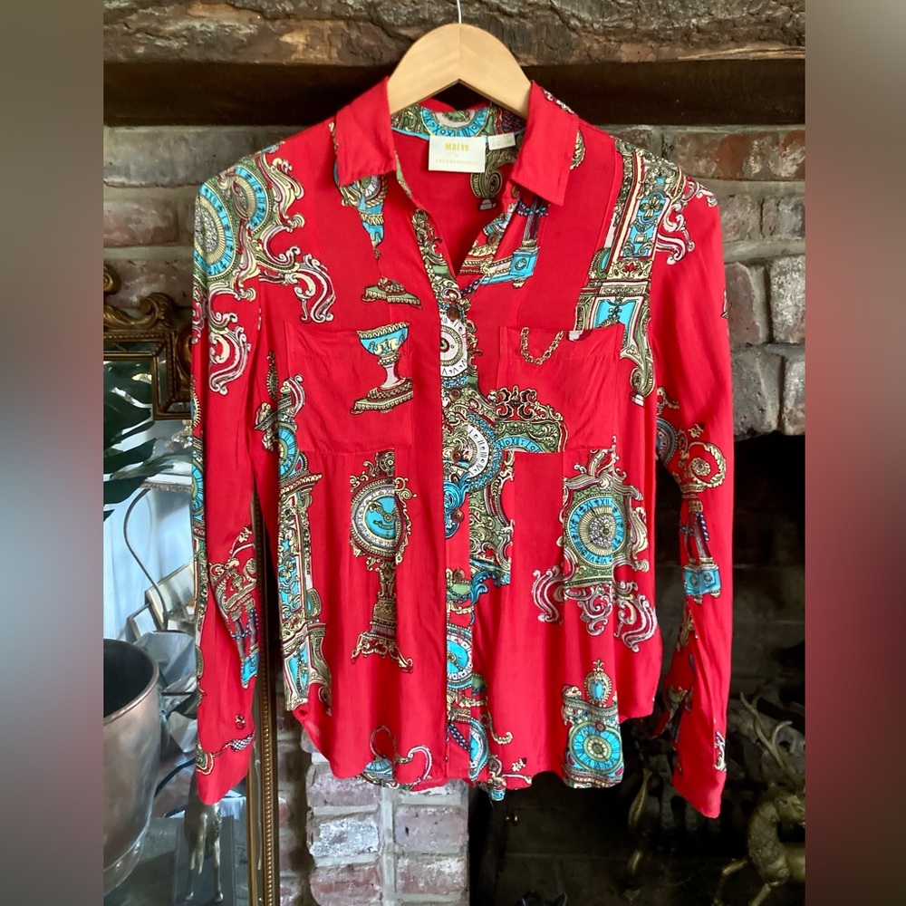 MAUVE x Anthropologie Whimsy Red Baroque Clock Print Shirt